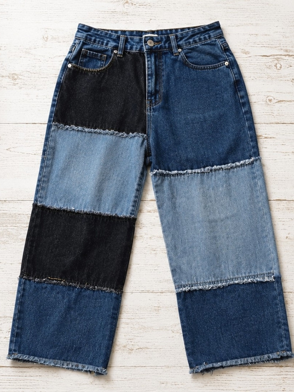 Rue21 Patchwork Wide-Leg Jeans in Dark & Light Blue with Black Panels